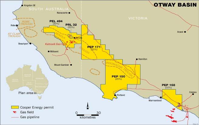 Onshore The company s onshore interests in the Otway Basin include: a) a 30% interest in PEL 494 and PRL 32 in South Australia; and b) interests in a number of Victorian permits where activities are