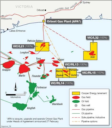 Gippsland Basin Cooper Energy s interests in the Gippsland Basin comprise: a) a 00% interest in VIC/L32 which holds the Sole gas field, assessed to contain Contingent Resources (2C) 2 of 249 PJ of