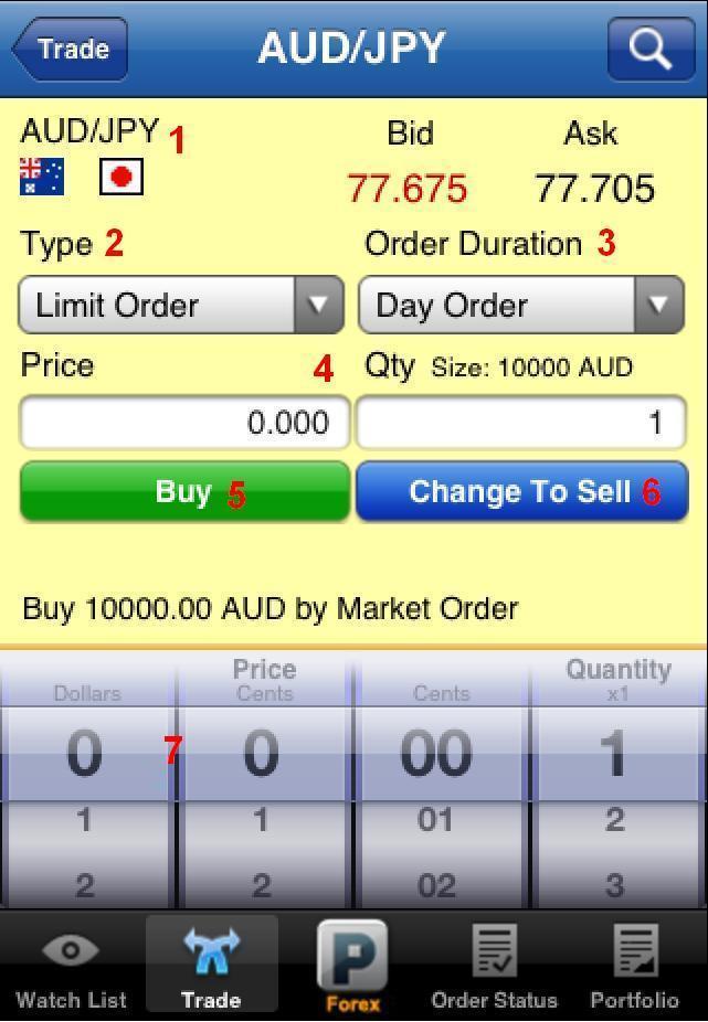 This panel will display the contract name, bid price and ask price. 2. Order Type For user to select market order, limit order or stop order. 3.