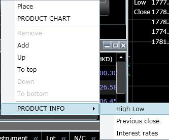 4) Select Product Info will display 3 options: a) High/Low for the trading day, b) Previous Close, c) Interest Rates.