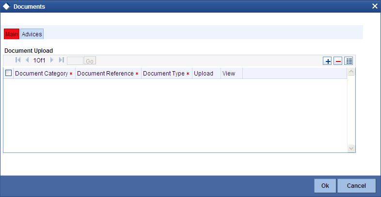 1.14.10 Capturing Document Details You can capture the customer related documents in central content management repository through the Documents screen. Click Documents button to invoke this screen.