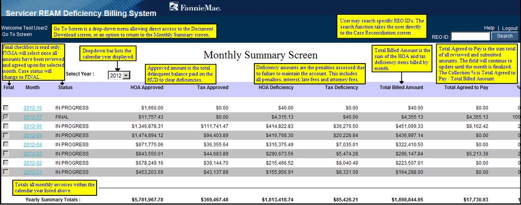 NOTE: As cases within each month are processed, summary totals will update accordingly until the monthly invoice is completed by Fannie Mae Reconciliation Detail Summary The