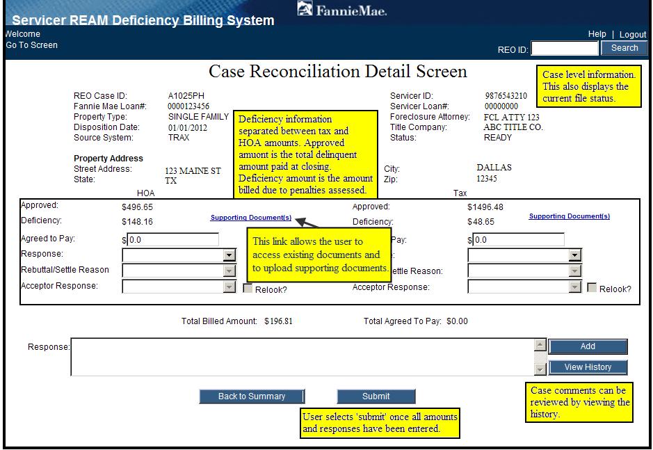 The on screen details and status are designed to process cases in a workflow environment. Cases entering the system progress through status states until the REO Case has been processed and completed.