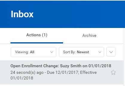 To complete your Open Enrollment, please follow these steps: 1. Click on the Inbox Icon on your Workday Home Page. 2. Open the Open Enrollment Change task from your Workday Inbox.