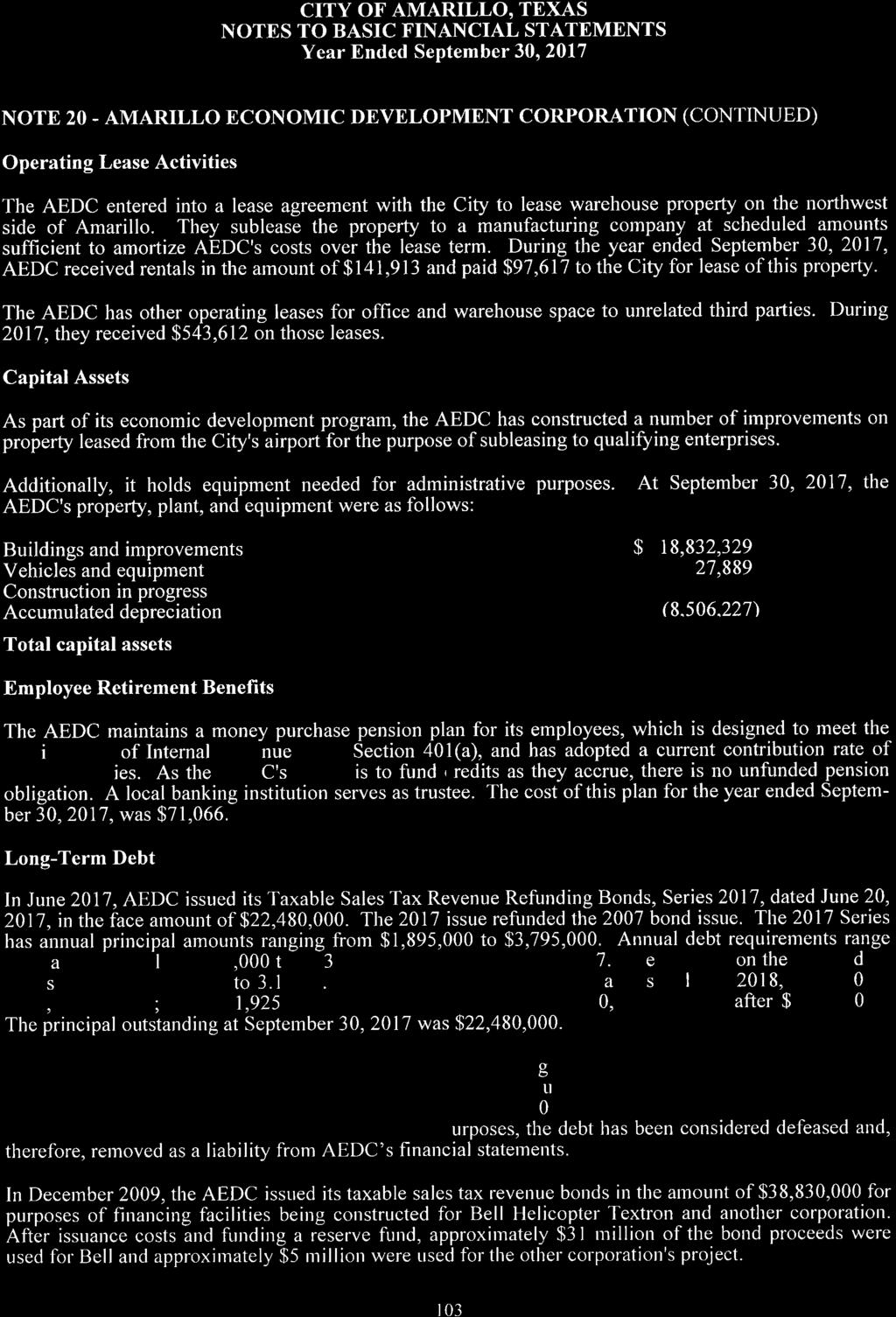 CITY OF AMARILLO, TEXAS NOTES TO BASIC FINANCIAL STATEMENTS Year Ended September 30'2017 NOTE 20 - AMARTLLO ECONOMTC DEVELOPMENT CORPORATION (CONTINUED) Operating Lease Activities The AEDC entered