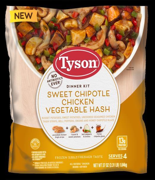 beef Pre-cut vegetables Perfectly paired sauce Available in 3 varieties Tyson Cooked Entree Kits for 2