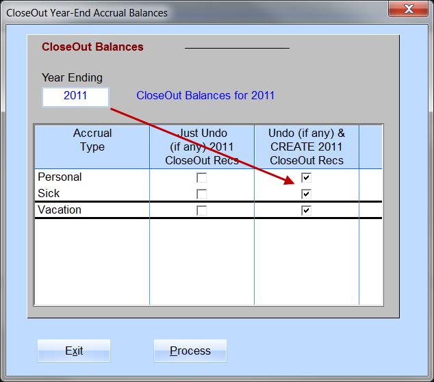 Next you will have to close out last years balances as follows: FILE SETUP PAYROLL ACCRUALS CLOSEOUT YEAR END BALANCES Click in the far right column for those paycodes you