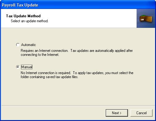 Have you obtained the update files? If your computer is connected to the Internet, the Payroll Update Utility (PUE) automatically can download the tax table update file (TX.cab) from the Internet.