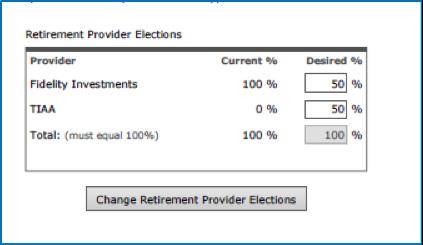4 Enter your elections and click Change Retirement Provider Elections You can choose 00% to one provider or split your deferral election to contribute a portion to each retirement provider.
