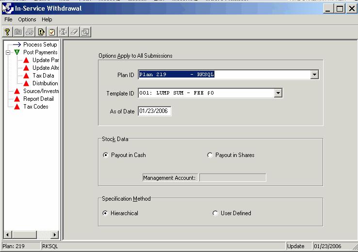 In-Service Withdrawal default settings are also entered in the Template ID and