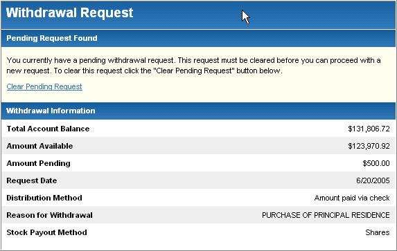 Pending Request Page (Hardship) While a hardship request is pending, a pending request page appears when the participant selects the Paperless Hardship option from the menu.