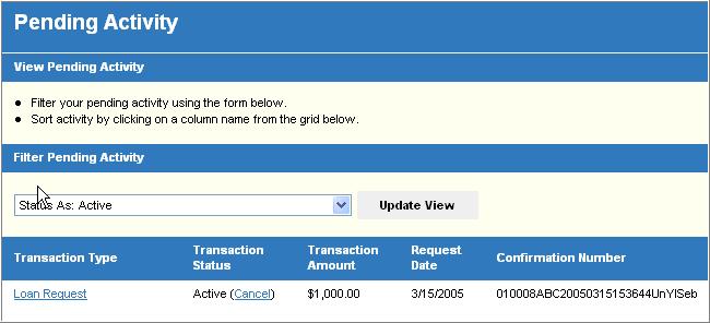 Pending Activity The Pending Activity page for the sample paperless loan appears below.