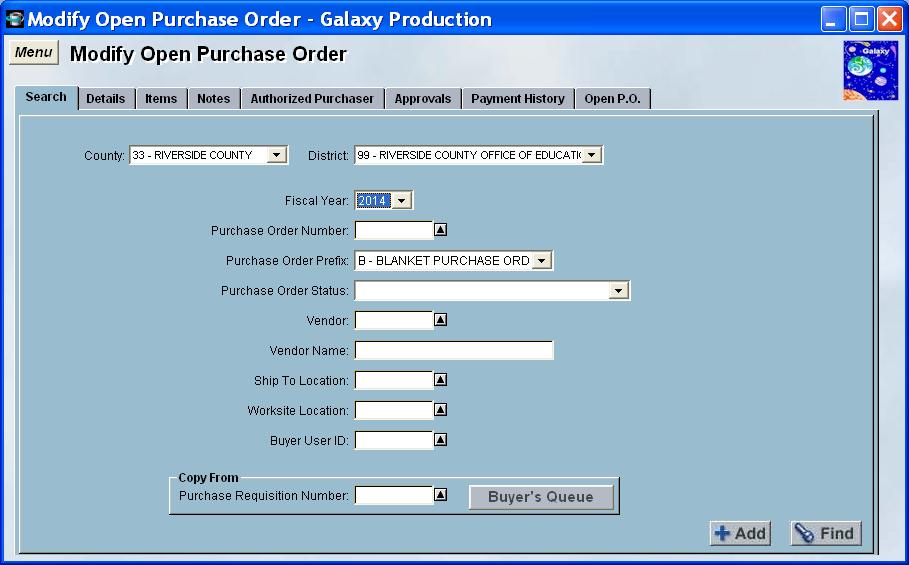 Encumbering Purchase Orders in Fiscal Year 2013-2014 Using Galaxy Requisitions To encumber purchase orders in the next fiscal year you will use the Modify Purchase Order and Modify Open Purchase