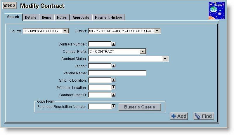 Encumbering Contracts in Fiscal Year 2013-2014 Without Using Galaxy Requisitions To encumber a contract in the next fiscal year you will use the Modify Contract screen.