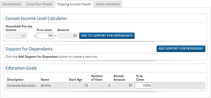 2. To calculate a percentage of current income needed during survivorship, under Current Income Level Calculator, enter a percentage in the % to cover field, and then click Add to Support for