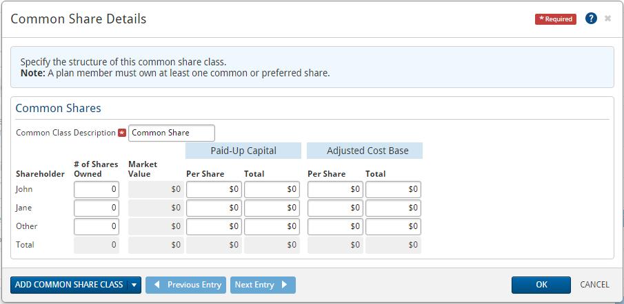 Common Shares: 1. Under Common Shares, click Add New Common Share Class. 2. Give a description of the share within the Common Class Description. 3.