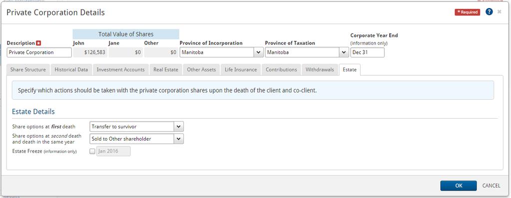 Defining private corporations share options in the event of death 1. Go to the Estate tab. 2.