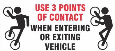 To ensure that you do not slip or fall while entering or exiting your cab make sure you have contact with 2 Hands and 1 Foot or 1 Hand and 2 Feet.