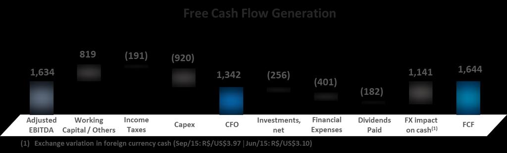 Free Cash Flow R$ million 3Q15 3Q14 Adjusted EBITDA 1,634 2,409 1,810 Working capital / Other 819 (118) 136 Income taxes (191) (121) (199) Capex (920) (594) (610) CFO 1,342 1,576 1,137 Investments,