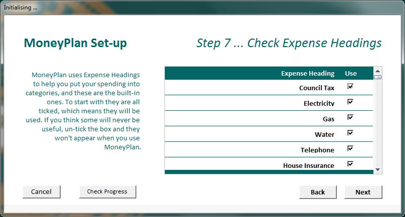 Step 7 is where you choose which of the pre-set Expense Headings you want to use. Initially all the headings are ticked which means they will all be used.