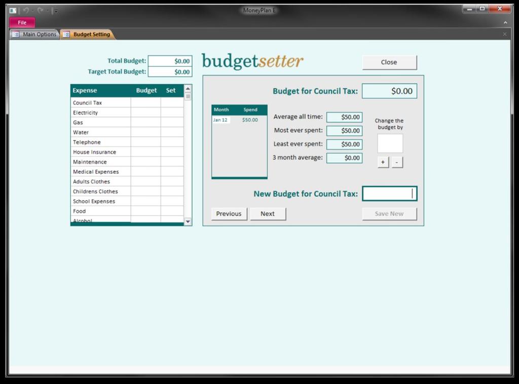 This is where you Set Your Budget figures for each of your expense headings. The only box you need to enter anything into on this screen is the New Budget For [...] box.