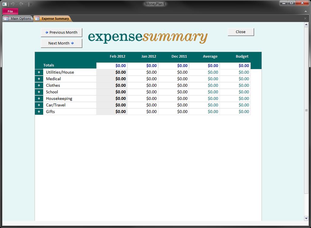 This is a list of all Expense Headings, actual spend, average spend and budgeted figures. Any entry made in Money Tracker is automatically entered into the Expense Summary.