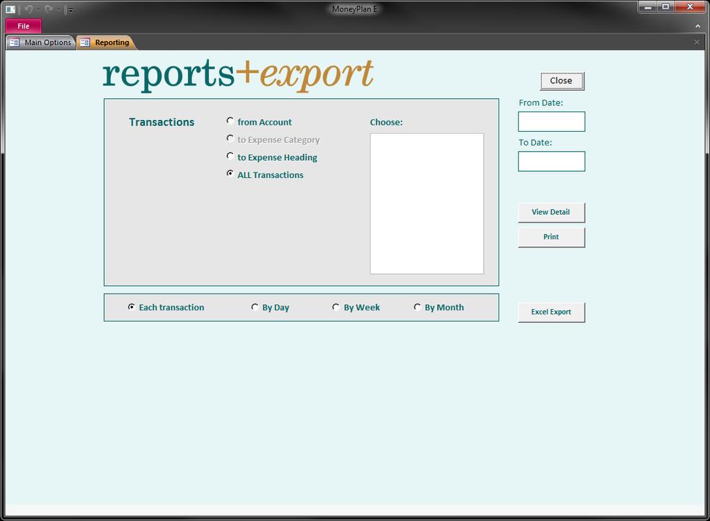Chapter Eleven Reports/Export The Reports/Export feature allows you to build reports of your transactions and, if required, export them to an Excel Spreadsheet, where you can arrange the data in many