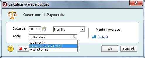Choosing Calculate Average Budget generates this screen: Thus you can enter a budget amount for the year and have it applied to the current month plus the months that follow in the year or to each
