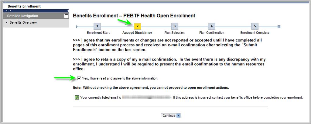 To proceed with PEBTF Open Enrollment, select the Enrollment Option for PEBTF Health Open Enrollment by clicking on the square next to the option.