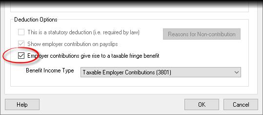 If this option is selected, any employer contribution to this type of deduction will result in a taxable fringe benefit of the same value as the employer contribution being added to the relevant