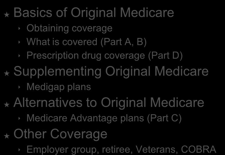 Agenda Basics of Original Medicare Obtaining coverage What is covered (Part A, B) Prescription drug coverage (Part D) Supplementing Original