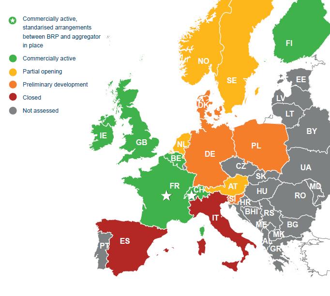 Figure F.6: Map of explicit demand response development in Europe today Source: SEDC (2015) For modelling purposes, we consider that countries in green and yellow (i.e., those with relatively more developed explicit DSR) will be able to obtain their achievable potential DSR when needed, while others will may require extra time.