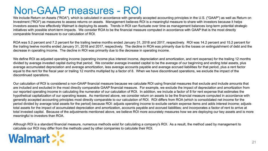 Non-GAAP measures - ROI We include Return on Assets ("ROA"), which is calculated in accordance with generally accepted accounting principles in the U.S.