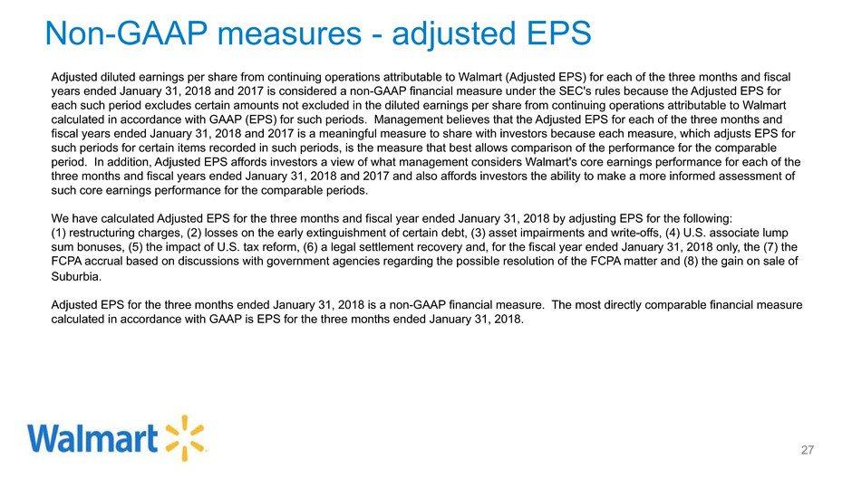 Adjusted diluted earnings per share from continuing operations attributable to Walmart (Adjusted EPS) for each of the three months and fiscal years ended January 31, 2018 and 2017 is considered a