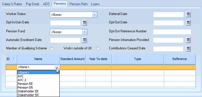 Click on the word <None> in the grid, and then click on the arrow which appears. The drop down list shows all the Pensions created at company level.