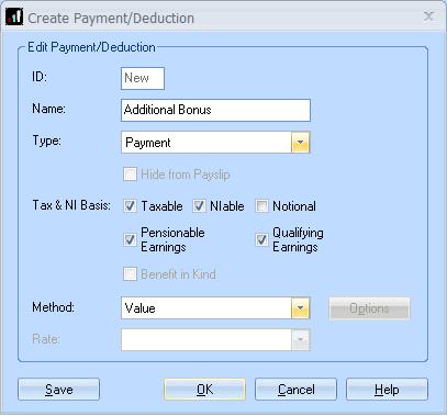 Click Add New Enter the Name Additional Bonus for your Payment, which will appear on your payslips and reports. Click on the drop down arrow next to Type and select Payment.