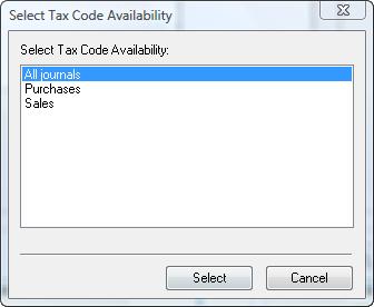 Select the Tax Code Availability that the Tax Code will be used in, all Journals, Purchases Journal only or the Sales Journal only. Ensure after each change made, to select ok to save the settings.