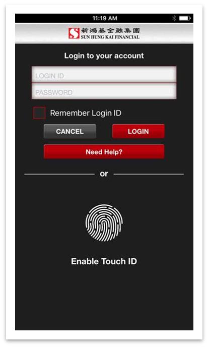Settings Enable Touch ID Login 1. Go to login page.