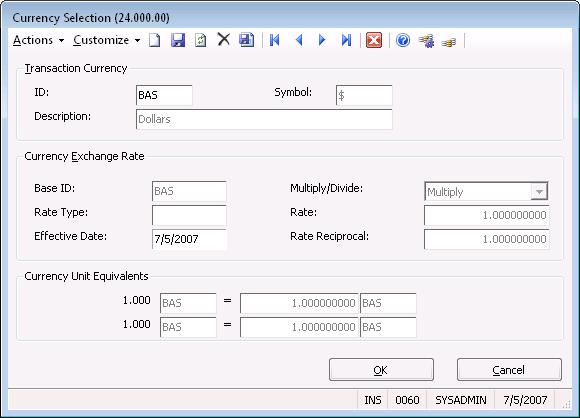 Data Entry Screens 29 Data Entry Screens Currency Selection (24.000.00) Use to select the currency to be used for a particular screen or process.
