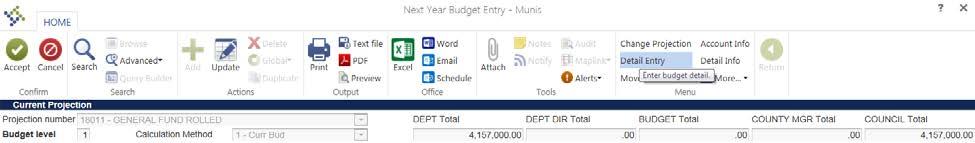 Update Budget Detail To make changes to the detail lines: 1. Click Detail Entry. 2.