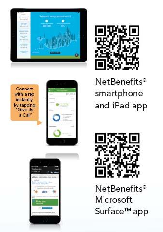 Download a NetBenefits mobile app from the App Store, Google Play store, or Windows Store. Screenshots are for illustrative purposes only.