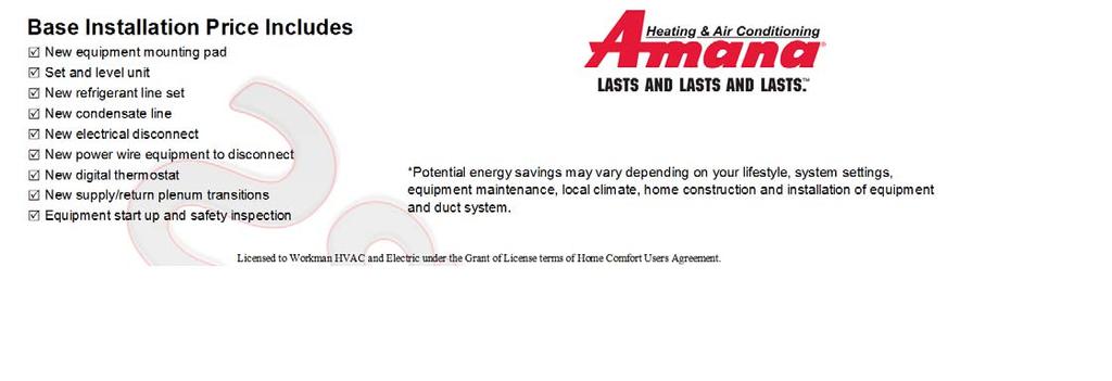 up to 50% on your energy bills* 3 $ 3,891 $ 4,940 5,129 4 $ 3,886 $ 5,115 5,304 5 $ 4,150 $ 5,440 5,629 AMANA ASXC16 16 SEER CONDENSING UNIT System Benefits CAPF COIL/TSTAT HONEYWELL PRO 6000 Helps