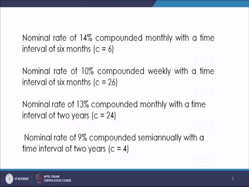 (Refer Slide Time: 20:38) Next example like nominal rate of 10% compounded weekly with a time interval of six months. So this can be further found bylooking at r is 10% or.10 compounded weekly.
