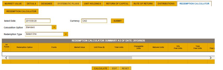 REDEMPTION CALCULATOR TAB The Redemption Calculator assists you in performing hypothetical calculations to determine the amount that needs to be withdrawn after applicable taxes and fees.