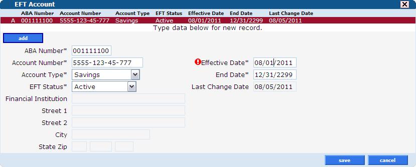 Demographic Maintenance EFT Account The EFT Account panel allows you to add and maintain bank accounts into which reimbursements from CMAP will be electronically deposited Click