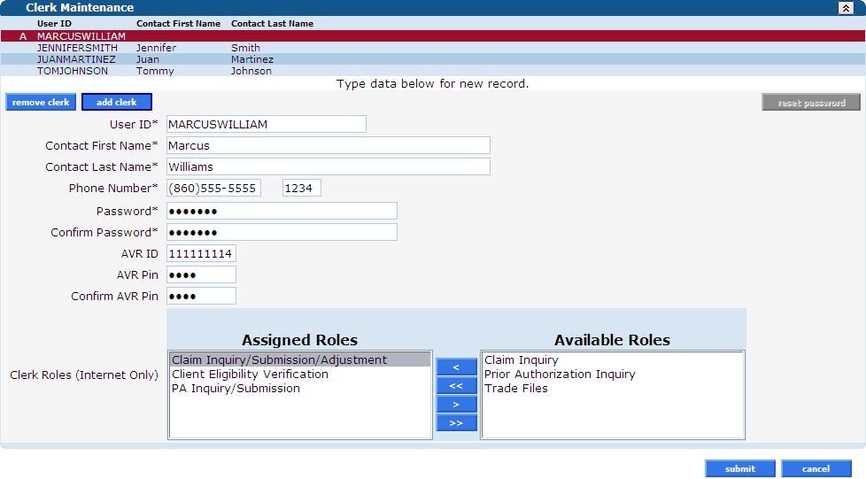 Clerk Maintenance To create a new clerk account, click add clerk s s Claim Inquiry/Submission/Adjustment