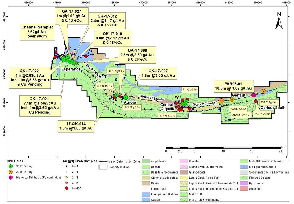 Qiqavik Gold Exploration Potential Multiple high grade gold and gold-copper discoveries 2017 program drill-confirmed three high-grade discoveries and made five new high-grade visible gold discoveries