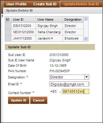 Updating a Sub ID Figure 38: Update Sub ID Screen 3. User can update the Designation, Email ID and Contact Number for the Sub ID created. 4. Click Update ID.
