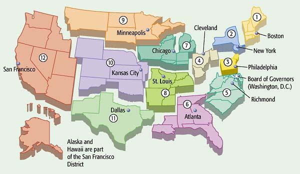 The United States is broken up into 12 Federal Reserve districts.