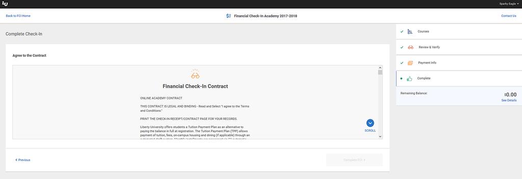 Complete Check-In: Agree to the Contract Financial Check-In Contract Please scroll through